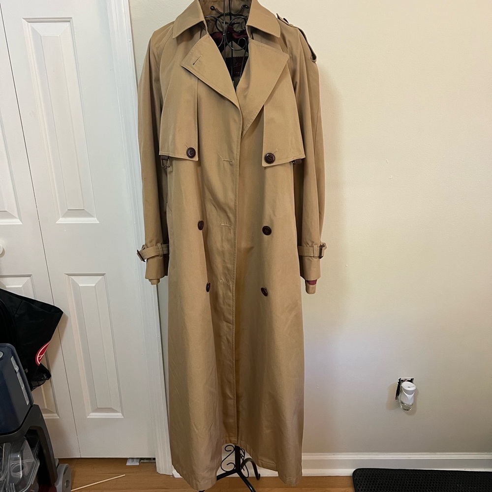 VTG Etienne Aigner Double Breasted Trench Coat Sz 12 Khaki Belted Leather Trim